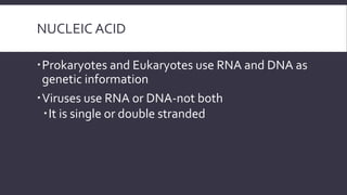 NUCLEIC ACID
Prokaryotes and Eukaryotes use RNA and DNA as
genetic information
Viruses use RNA or DNA-not both
It is single or double stranded

 