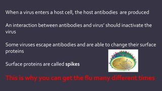 When a virus enters a host cell, the host antibodies are produced
An interaction between antibodies and virus’ should inactivate the
virus

Some viruses escape antibodies and are able to change their surface
proteins
Surface proteins are called spikes

This is why you can get the flu many different times

 
