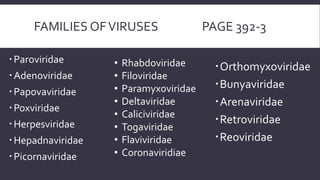 FAMILIES OF VIRUSES
 Paroviridae

 Adenoviridae
 Papovaviridae

 Poxviridae
 Herpesviridae

 Hepadnaviridae
 Picornaviridae

•
•
•
•
•
•
•
•

Rhabdoviridae
Filoviridae
Paramyxoviridae
Deltaviridae
Caliciviridae
Togaviridae
Flaviviridae
Coronaviridiae

PAGE 392-3
Orthomyxoviridae
Bunyaviridae
Arenaviridae
Retroviridae
Reoviridae

 