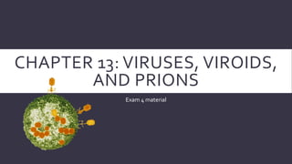 CHAPTER 13: VIRUSES, VIROIDS,
AND PRIONS
Exam 4 material

 