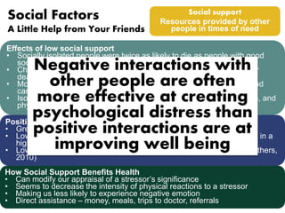 Social Factors 
A Little Help from Your Friends 
Effects of low social support 
• Socially isolated people were twice as likely to die as people with good 
Negative interactions with 
other people are often 
more effective at creating 
psychological distress than 
positive interactions are at 
social relationships 
• Chronic loneliness predicts poorer physical and mental health, higher 
death rates, and decreased cognitive functioning 
• More likely have serious health problems if parents are low in love and 
caring 
• Isolation is as potent a health risk as smoking, obesity, alcohol abuse, and 
However… 
physical inactivity 
Social support 
Resources provided by other 
people in times of need 
Positive Effect of Diverse Social Networks 
• Greater resistance to upper respiratory infections 
• Lower incidence of stroke and cardiovascular disease among women in a 
improving well being 
high-risk group 
• Lower incidence of dementia and cognitive loss in old age (Desai & others, 
2010) 
How Social Support Benefits Health 
• Can modify our appraisal of a stressor’s significance 
• Seems to decrease the intensity of physical reactions to a stressor 
• Making us less likely to experience negative emotion 
• Direct assistance – money, meals, trips to doctor, referrals 
 