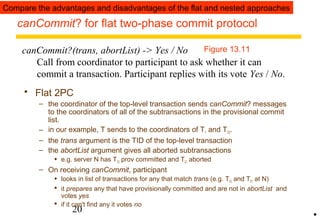 Compare the advantages and disadvantages of the flat and nested approaches 
canCommit? for flat two-phase commit protocol 
canCommit?(trans, abortList) -> Yes / No 
Figure 13.11 
Call from coordinator to participant to ask whether it can 
commit a transaction. Participant replies with its vote Yes / No. 
20 
• 
 Flat 2PC 
– the coordinator of the top-level transaction sends canCommit? messages 
to the coordinators of all of the subtransactions in the provisional commit 
list. 
– in our example, T sends to the coordinators of T1 and T12. 
– the trans argument is the TID of the top-level transaction 
– the abortList argument gives all aborted subtransactions 
 e.g. server N has T12 prov committed and T21 aborted 
– On receiving canCommit, participant 
 looks in list of transactions for any that match trans (e.g. T12 and T21 at N) 
 it prepares any that have provisionally committed and are not in abortList and 
votes yes 
 if it can't find any it votes no 
 