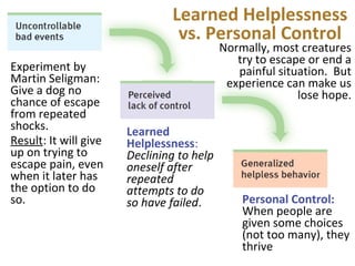 Learned Helplessness
vs. Personal Control
Experiment by
Martin Seligman:
Give a dog no
chance of escape
from repeated
shocks.
Result: It will give
up on trying to
escape pain, even
when it later has
the option to do
so.
Learned
Helplessness:
Declining to help
oneself after
repeated
attempts to do
so have failed.
Normally, most creatures
try to escape or end a
painful situation. But
experience can make us
lose hope.
Personal Control:
When people are
given some choices
(not too many), they
thrive
 
