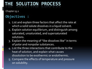 The solution process Chapter 13.2 Objectives : List and explain three factors that affect the rate at which a solid solute dissolves in a liquid solvent. Explain solution equilibrium, and distinguish among saturated, unsaturated, and supersaturated solutions. Explain the meaning of “like dissolves like” in terms of polar and nonpolar substances. List the three interactions that contribute to the heat of solution, and explain what causes dissolution to be exothermic or endothermic. Compare the effects of temperature and pressure on solubility. 