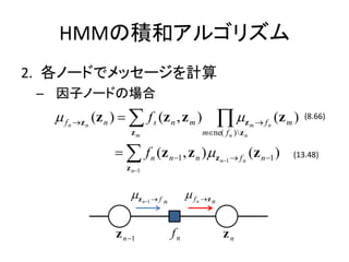 HMMηeͥ르ꥺ
2. Ω`ɤǥå`Ӌ
 C ӥΩ`ɤΈ
  ?f   n ?z n
                (z n ) ? ? f s (z n , z m )                       ??      zm ? fn   (z m )   (8.66)
                          zm                              m?ne( f n )  z n

                     ? ? f n (z n ?1 , z n ) ? z n?1 ? f n (z n ?1 )                    (13.48)
                         z n?1


                          ?z     n?1 ? f   n
                                                    ?f   n ?z n




                      z n ?1                   fn                 zn
 