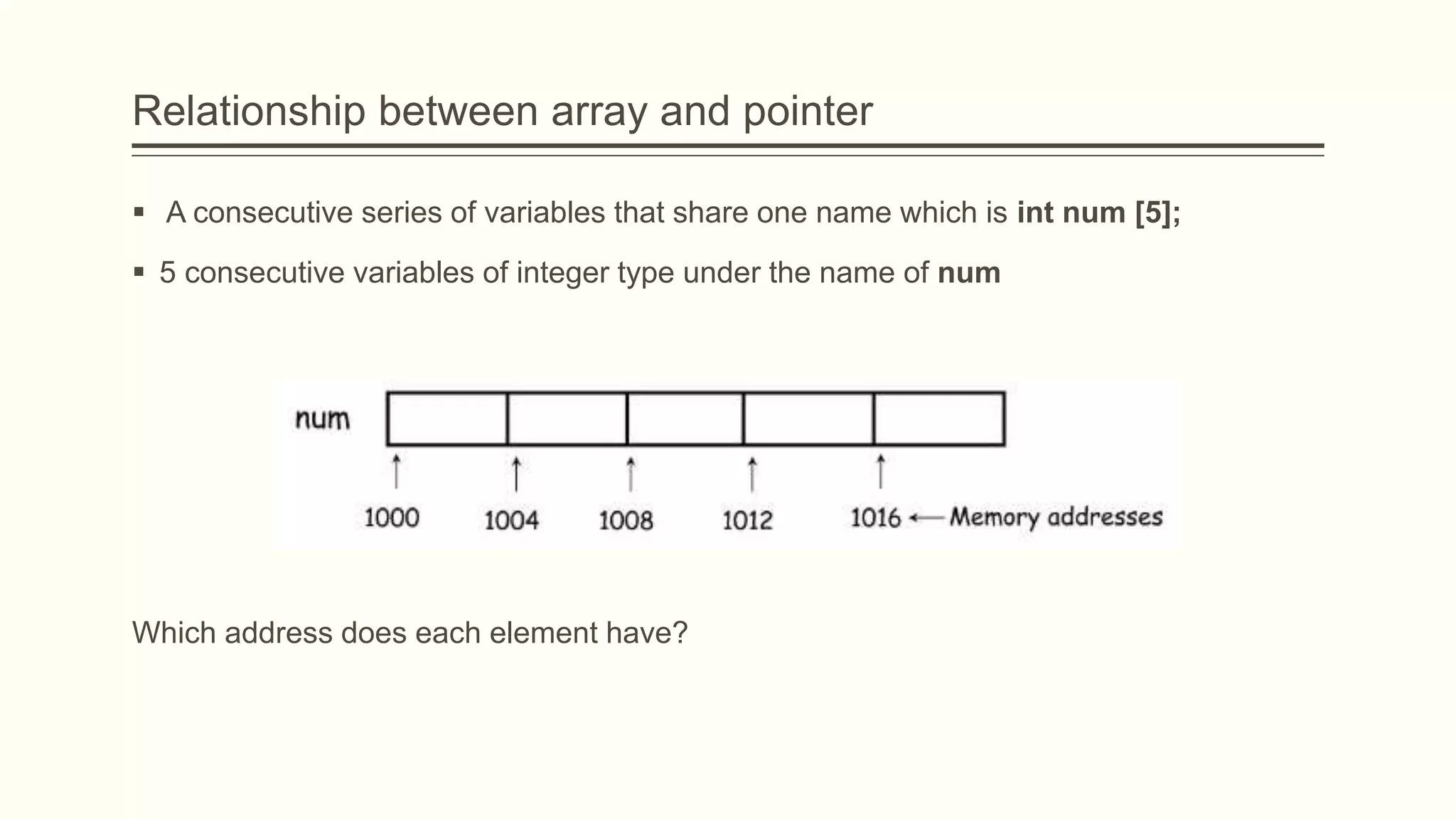 Relationship between array and pointer
 A consecutive series of variables that share one name which is int num [5];
 5 consecutive variables of integer type under the name of num
Which address does each element have?
 