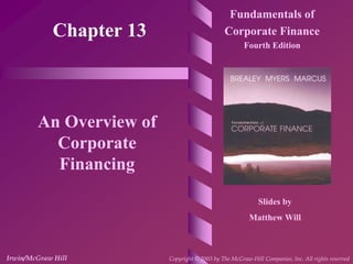 Chapter 13
Fundamentals of
Corporate Finance
Fourth Edition
An Overview of
Corporate
Financing
Slides by
Matthew Will
Irwin/McGraw Hill Copyright © 2003 by The McGraw-Hill Companies, Inc. All rights reserved
 