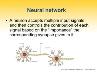 Neural network
• A neuron accepts multiple input signals
and then controls the contribution of each
signal based on the “importance” the
corresponding synapse gives to it
 