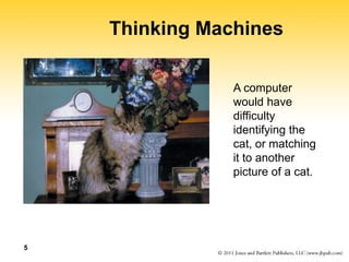 5
Thinking Machines
A computer
would have
difficulty
identifying the
cat, or matching
it to another
picture of a cat.
 