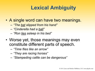 Lexical Ambiguity
• A single word can have two meanings.
– “The bat slipped from his hand”
– “Cinderella had a ball”
– “Ron lies asleep in his bed”
• Worse yet, those meanings may even
constitute different parts of speech.
– “Time flies like an arrow”
– “They are racing horses”
– “Stampeding cattle can be dangerous”
 