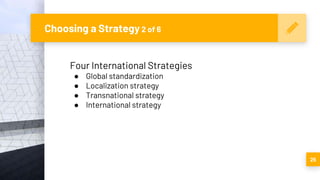 Choosing a Strategy 2 of 6
25
Four International Strategies
● Global standardization
● Localization strategy
● Transnational strategy
● International strategy
 