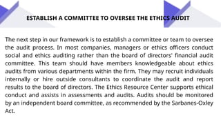 ESTABLISH A COMMITTEE TO OVERSEE THE ETHICS AUDIT
The next step in our framework is to establish a committee or team to oversee
the audit process. In most companies, managers or ethics officers conduct
social and ethics auditing rather than the board of directors' financial audit
committee. This team should have members knowledgeable about ethics
audits from various departments within the firm. They may recruit individuals
internally or hire outside consultants to coordinate the audit and report
results to the board of directors. The Ethics Resource Center supports ethical
conduct and assists in assessments and audits. Audits should be monitored
by an independent board committee, as recommended by the Sarbanes-Oxley
Act.
 