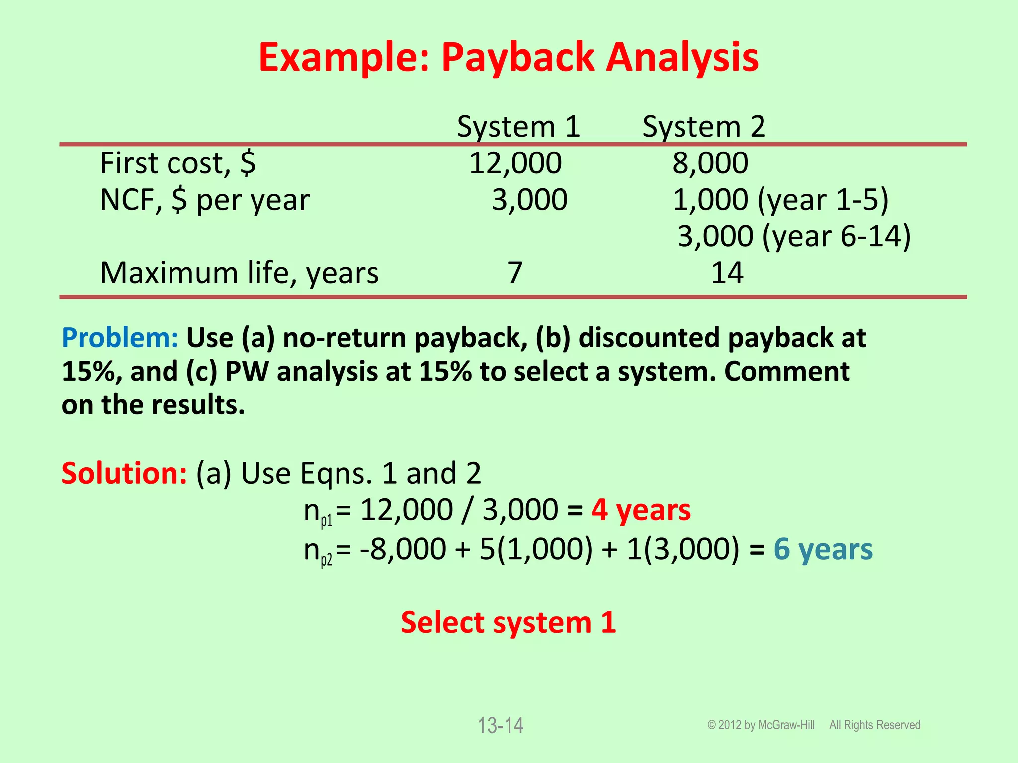 Example: Payback Analysis
© 2012 by McGraw-Hill All Rights Reserved13-14
System 1 System 2
First cost, $ 12,000 8,000
NCF, $ per year 3,000 1,000 (year 1-5)
3,000 (year 6-14)
Maximum life, years 7 14
Problem: Use (a) no-return payback, (b) discounted payback at
15%, and (c) PW analysis at 15% to select a system. Comment
on the results.
Solution: (a) Use Eqns. 1 and 2
np1= 12,000 / 3,000 = 4 years
np2= -8,000 + 5(1,000) + 1(3,000) = 6 years
Select system 1
 