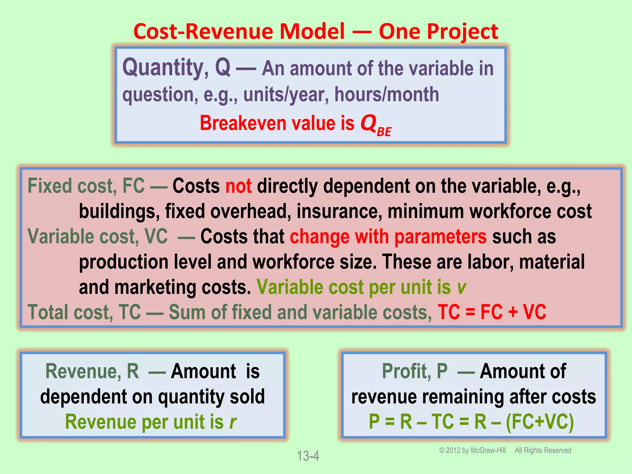 Cost-Revenue Model ― One Project
© 2012 by McGraw-Hill All Rights Reserved
13-4
Quantity, Q — An amount of the variable in
question, e.g., units/year, hours/month
Breakeven value is QBE
Fixed cost, FC — Costs not directly dependent on the variable, e.g.,
buildings, fixed overhead, insurance, minimum workforce cost
Variable cost, VC — Costs that change with parameters such as
production level and workforce size. These are labor, material
and marketing costs. Variable cost per unit is v
Total cost, TC — Sum of fixed and variable costs, TC = FC + VC
Revenue, R — Amount is
dependent on quantity sold
Revenue per unit is r
Profit, P — Amount of
revenue remaining after costs
P = R – TC = R – (FC+VC)
 