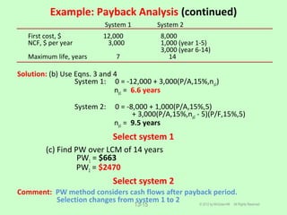 Example: Payback Analysis (continued)
© 2012 by McGraw-Hill All Rights Reserved13-15
System 1 System 2
First cost, $ 12,000 8,000
NCF, $ per year 3,000 1,000 (year 1-5)
3,000 (year 6-14)
Maximum life, years 7 14
Solution: (b) Use Eqns. 3 and 4
System 1: 0 = -12,000 + 3,000(P/A,15%,np1)
np1 = 6.6 years
System 2: 0 = -8,000 + 1,000(P/A,15%,5)
+ 3,000(P/A,15%,np2 - 5)(P/F,15%,5)
np1 = 9.5 years
Select system 1
(c) Find PW over LCM of 14 years
PW1 = $663
PW2 = $2470
Select system 2
Comment: PW method considers cash flows after payback period.
Selection changes from system 1 to 2
 