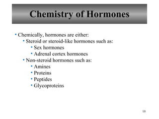 Chemistry of Hormones Chemically, hormones are either: Steroid or steroid-like hormones such as: Sex hormones Adrenal cortex hormones Non-steroid hormones such as: Amines Proteins Peptides Glycoproteins 