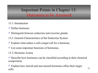 Important Points in Chapter 13: Outcomes to be Assessed 13.1: Introduction  Define hormone. Distinguish between endocrine and exocrine glands. 13.2: General Characteristics of the Endocrine System Explain what makes a cell a target cell for a hormone. List some important functions of hormones. 13.3: Hormone Action Describe how hormones can be classified according to their chemical composition. Explain how steroid and non-steroid hormones affect their target cells. 