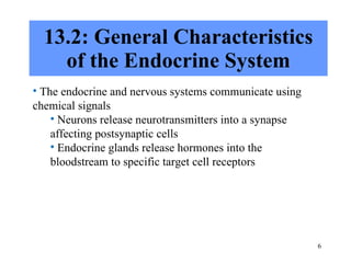 13.2: General Characteristics of the Endocrine System The endocrine and nervous systems communicate using chemical signals Neurons release neurotransmitters into a synapse affecting postsynaptic cells Endocrine glands release hormones into the bloodstream to specific target cell receptors 