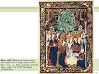 49
Figure 13-34 Abraham and the three angels,
folio 7 verso of the Psalter of Saint Louis, from
Paris, France, 1253–1270. Ink, tempera, and gold
leaf on vellum, 5” X 3 1/2”. Bibliothèque
Nationale, Paris.
 