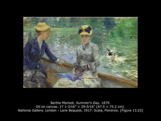 Berthe Morisot. Summer's Day. 1879.
Oil on canvas. 17 1-3∕16" × 29-5∕16" (47.5 × 75.2 cm).
National Gallery. London - Lane Bequest, 1917. Scala, Florence. [Figure 13.23]
 
