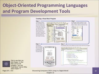 Object-Oriented Programming Languages
and Program Development Tools
Discovering Computers 2010: Living in a Digital World
Chapter 13
12Pages 671 - 672
Click to view Web Link,
click Chapter 13, Click
Web Link from left
navigation, then click
Visual Studio Tools for Office
below Chapter 13
 