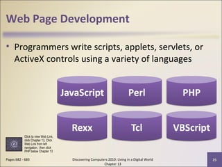 Web Page Development
• Programmers write scripts, applets, servlets, or
ActiveX controls using a variety of languages
Discovering Computers 2010: Living in a Digital World
Chapter 13
25Pages 682 - 683
Click to view Web Link,
click Chapter 13, Click
Web Link from left
navigation, then click
PHP below Chapter 13
 