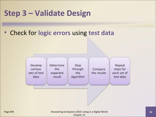 Step 3 – Validate Design
• Check for logic errors using test data
Discovering Computers 2010: Living in a Digital World
Chapter 13
46Page 694
 