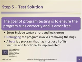 Step 5 – Test Solution
Discovering Computers 2010: Living in a Digital World
Chapter 13
48Pages 695 - 696
Click to view Web Link,
click Chapter 13, Click
Web Link from left
navigation, then click
Beta Testers
below Chapter 13
 
