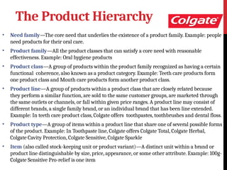 The Product Hierarchy
• Need family—The core need that underlies the existence of a product family. Example: people
need products for their oral care.
• Product family—All the product classes that can satisfy a core need with reasonable
effectiveness. Example: Oral hygiene products
• Product class—A group of products within the product family recognized as having a certain
functional coherence, also known as a product category. Example: Teeth care products form
one product class and Mouth care products form another product class.
• Product line—A group of products within a product class that are closely related because
they perform a similar function, are sold to the same customer groups, are marketed through
the same outlets or channels, or fall within given price ranges. A product line may consist of
different brands, a single family brand, or an individual brand that has been line extended.
Example: In teeth care product class, Colgate offers toothpastes, toothbrushes and dental floss.
• Product type—A group of items within a product line that share one of several possible forms
of the product. Example: In Toothpaste line, Colgate offers Colgate Total, Colgate Herbal,
Colgate Cavity Protection, Colgate Sensitive, Colgate Sparkle
• Item (also called stock-keeping unit or product variant)—A distinct unit within a brand or
product line distinguishable by size, price, appearance, or some other attribute. Example: 100g-
Colgate Sensitive Pro-relief is one item
 