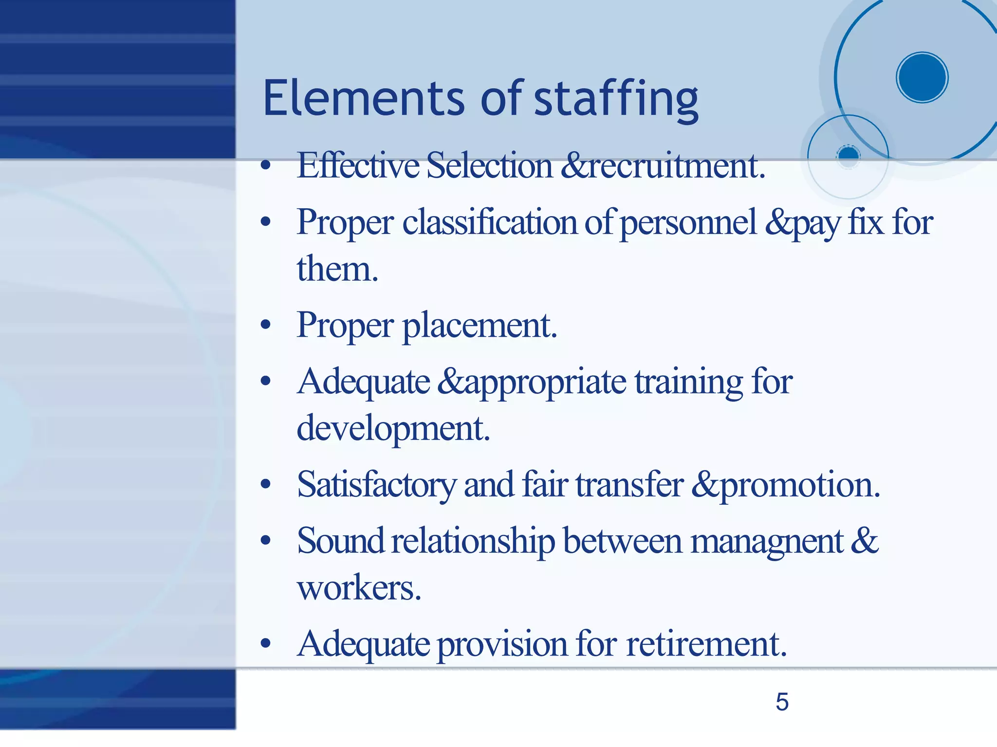 Elements of staffing
5
• EffectiveSelection &recruitment.
• Proper classificationofpersonnel &payfixfor
them.
• Proper placement.
• Adequate&appropriate training for
development.
• Satisfactoryandfair transfer &promotion.
• Soundrelationship between managnent&
workers.
• Adequateprovisionfor retirement.
 