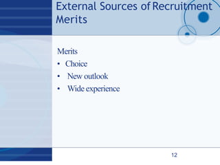 External Sources ofRecruitment
Merits
12
Merits
• Choice
• New outlook
• Wideexperience
 