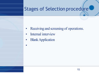 Stages of Selectionprocedure
15
• Receivingandscreeningof operations.
• Internal interview
• BlankApplication
•
 