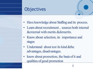 Objectives
2
• Haveknowledgeabout Staffingandits process.
• Learnabout recruitment , sourcesboth internal
&external with merits &demerits.
• Knowabout selection, its importance and
stages
• Understand about test its kind&the
advantages, disadvantages.
• knowabout promotion, the basisofit and
qualities ofgood promotion
 