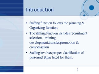 Introduction
3
• Staffingfunction followsthe planning&
Organizing function.
• Thestaffingfunctionincludes recruitment
sele...