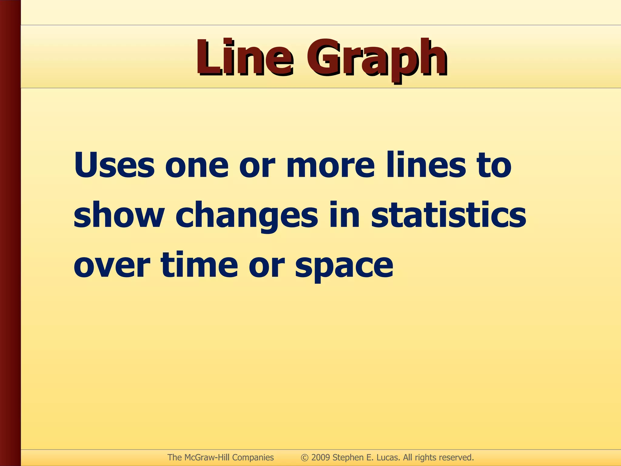 Line Graph Uses one or more lines to show changes in statistics over time or space 