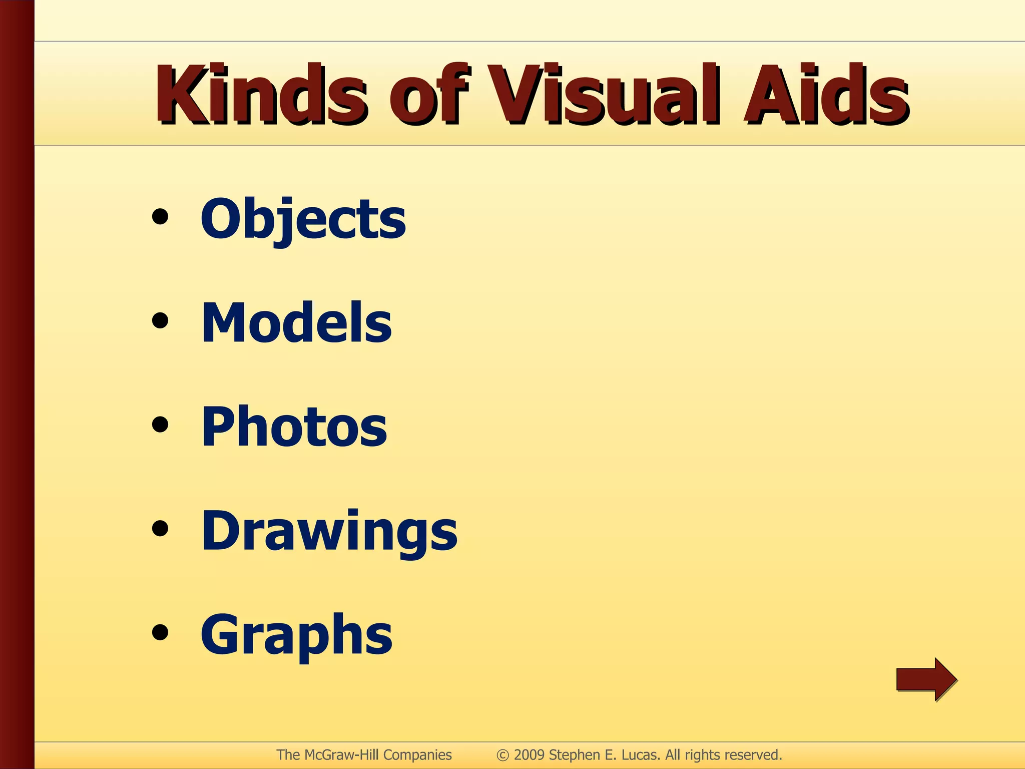 Kinds of Visual Aids Objects Models Photos Drawings Graphs 