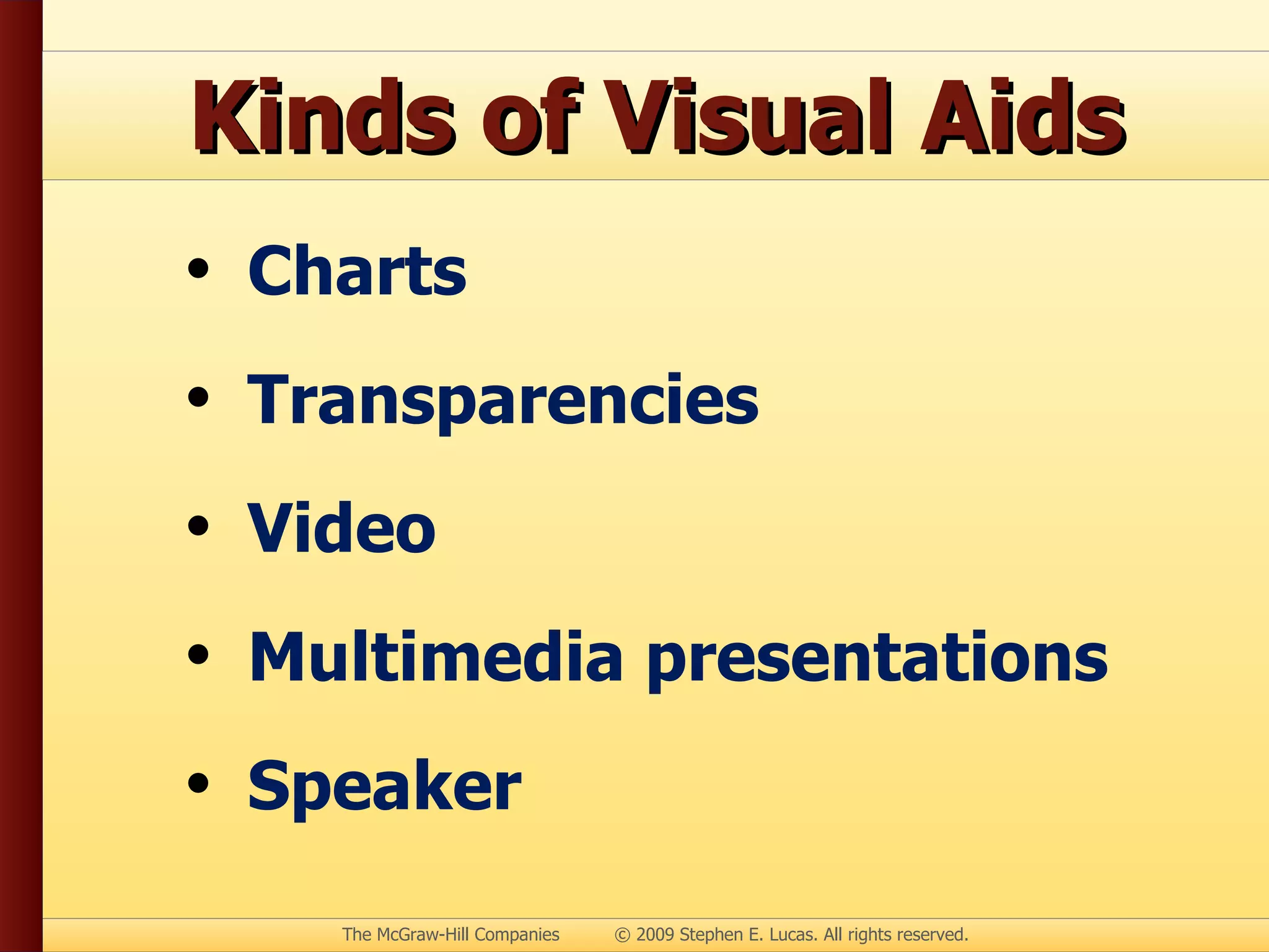 Kinds of Visual Aids Charts Transparencies Video Multimedia presentations Speaker 
