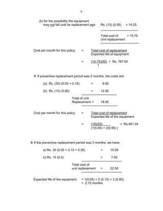 6
(b) for the possibility the equipment
may not fail until its replacement age: Rs. (15) (0.95) = 14.25
-----------------------------------
Total cost of = 15.75
Unit replacement
------------------------------------
Cost per month for this policy = Total cost of replacement
Expected life of equipment
= (15.75)(50) = Rs. 787.50
1
If preventive replacement period was 2 months, the costs are:
(a) Rs. (30) (0.05 + 0.15) = 6.00
(b) Rs. (15) (0.80) = 12.00
---------------------------------
Total of unit
Replacement = 18.00
----------------------------------
Cost per month for this policy = Total cost of replacement
Expected life of the equipment
= (18)(50) = Rs.461.54
[1(0.05) + 2(0.95) ]
If the preventive replacement period was 3 months, we have:
a) Rs. 30 (0.05 + 0.15 + 0.30) = 15.00
b) Rs. 15 (0.5) = 7.50
--------------------------------------
Total cost of
unit replacement = 22.50
--------------------------------------
Expected life of the equipment = 1(0.05) + 2 (0.15) + 3 (0.80)
= 2.75 months
 