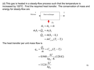 15
(d) This gas is heated in a steady-flow process such that the temperature is
increased by 120o
C. Find the required heat transfer. The conservation of mass and
energy for steady-flow are
  
  
 ( )
 ( )
,
m m m
m h Q m h
Q m h h
mC T T
in
in
p m
1 2
1 1 2 2
2 1
2 1
 
 
 
 
The heat transfer per unit mass flow is
q
Q
m
C T T
kJ
kg K
K
kJ
kg
in
in
p m
m
m
  





( )
. ( )
.
, 2 1
0 940 120
112 8
 