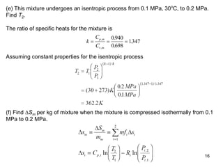 16
(e) This mixture undergoes an isentropic process from 0.1 MPa, 30o
C, to 0.2 MPa.
Find T2.
The ratio of specific heats for the mixture is
k
C
C
p m
v m
  
,
,
.
.
.
0940
0698
1347
Assuming constant properties for the isentropic process
(f) Find Sm per kg of mixture when the mixture is compressed isothermally from 0.1
MPa to 0.2 MPa.
 