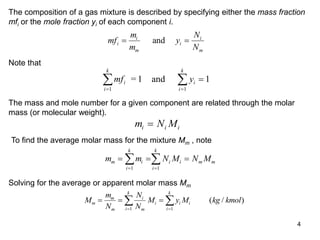 4
mf
m
m
y
N
N
i
i
m
i
i
m
 
and
mf y
i
i
k
i
i
k
 
  
1 1
1
= 1 and
Note that
The composition of a gas mixture is described by specifying either the mass fraction
mfi or the mole fraction yi of each component i.
The mass and mole number for a given component are related through the molar
mass (or molecular weight).
m N M
i i i

To find the average molar mass for the mixture Mm , note
m m N M N M
m i
i
k
i i m m
i
k
  
 
 
1 1
Solving for the average or apparent molar mass Mm
M
m
N
N
N
M y M kg kmol
m
m
m
i
m
i
i
k
i i
i
k
  
 
 
1 1
( / )
 
