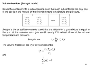 6
Volume fraction (Amagat model)
Divide the container into k subcontainers, such that each subcontainer has only one
of the gases in the mixture at the original mixture temperature and pressure.
Amagat's law of additive volumes states that the volume of a gas mixture is equal to
the sum of the volumes each gas would occupy if it existed alone at the mixture
temperature and pressure.
Amagat's law: V V T P
m i m m
i
k


 ( , )
1
The volume fraction of the vfi of any component is
vf
V T P
V
i
i m m
m

( , )
and
vfi
i
k


1
= 1
 