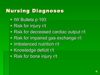 Nursing Diagnoses IW Bullets p 193 Risk for injury r/t Risk for decreased cardiac output r/t Risk for impaired gas exchange r/t Imbalanced nutrition r/t Knowledge deficit r/t Risk for bone injury r/t 