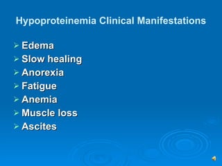 Hypoproteinemia Clinical Manifestations Edema Slow healing Anorexia Fatigue Anemia Muscle loss  Ascites 