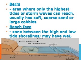 • Berm
• - area where only the highest
tides or storm waves can reach,
usually has soft, coarse sand or
large cobbles
• Beach face
• - zone between the high and low
tide shorelines; may have wet,
compact sand or fine pebbles.
 