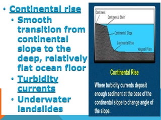 • Continental rise
• Smooth
transition from
continental
slope to the
deep, relatively
flat ocean floor
• Turbidity
currents
• Underwater
landslides 13.5
 