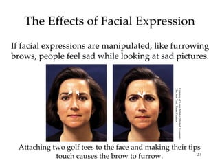 The Effects of Facial Expression If facial expressions are manipulated, like furrowing brows, people feel sad while looking at sad pictures. Attaching two golf tees to the face and making their tips touch causes the brow to furrow. Courtesy of Louis Schake/ Michael Kausman/  The New York Times Pictures 