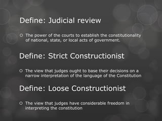 Courts of Appeals 13 Courts of appeal 12 judicial circuits Never original jurisdiction 3 judges on most caseMore on big cases Majority vote 1 Court of appeals for the Federal Circuit Hears cases from the legislative courts And some cases from district courts Cases can then be taken to the Supreme Court