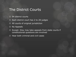 Legislative CourtsHave a narrow scopeFewer cases Article I, Section 8The Court of Military Appeal The United States Claim CourtThe Courts  of the District of ColumbiaThe Territorial CourtsThe Courts of Veterans AppealsThe United States Tax Court