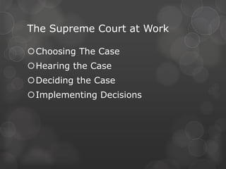 Hearing the CasesPublic hearingsMonday, Tuesday, and WednesdayListen to lawyers present each side of 2 to 3 cases a daySome cases are decided without an oral argumentStart in October and end in JuneCases do not carry over to the next session Before case is heard in the open court:Justices receive briefs from lawyers on both sides who present legal augments, historical material and related previous court decisions Justices often receive amicus curiae briefs from individuals, interest groups, or government agencies